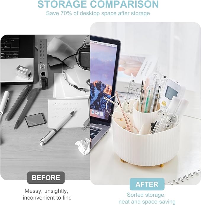 Pencil Holder For Desk,5 Slots 360°Degree Rotating Desk Organizers And Accessories,Desktop Storage Stationery Supplies Organizer, Cute Pencil Cup Pot For Office, School, Home (B-White)