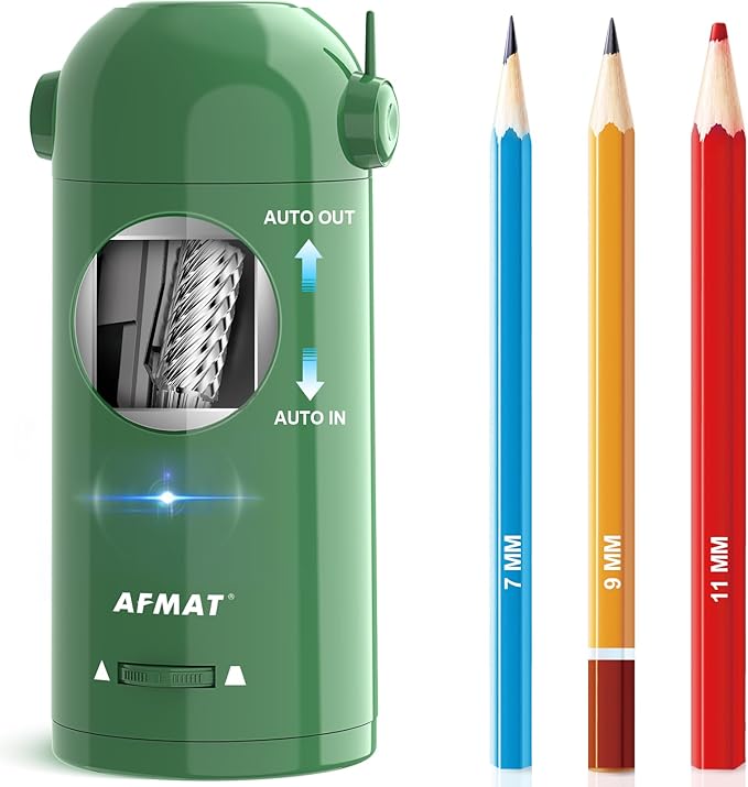 AFMAT Electric Pencil Sharpener for Colored Pencils 7-11.5mm, Fully Automatic Pencil Sharpener, Auto in & Out, Rechargeable Hands-Free Pencil Sharpener for Large Pencils, Sketch Pencils, Green