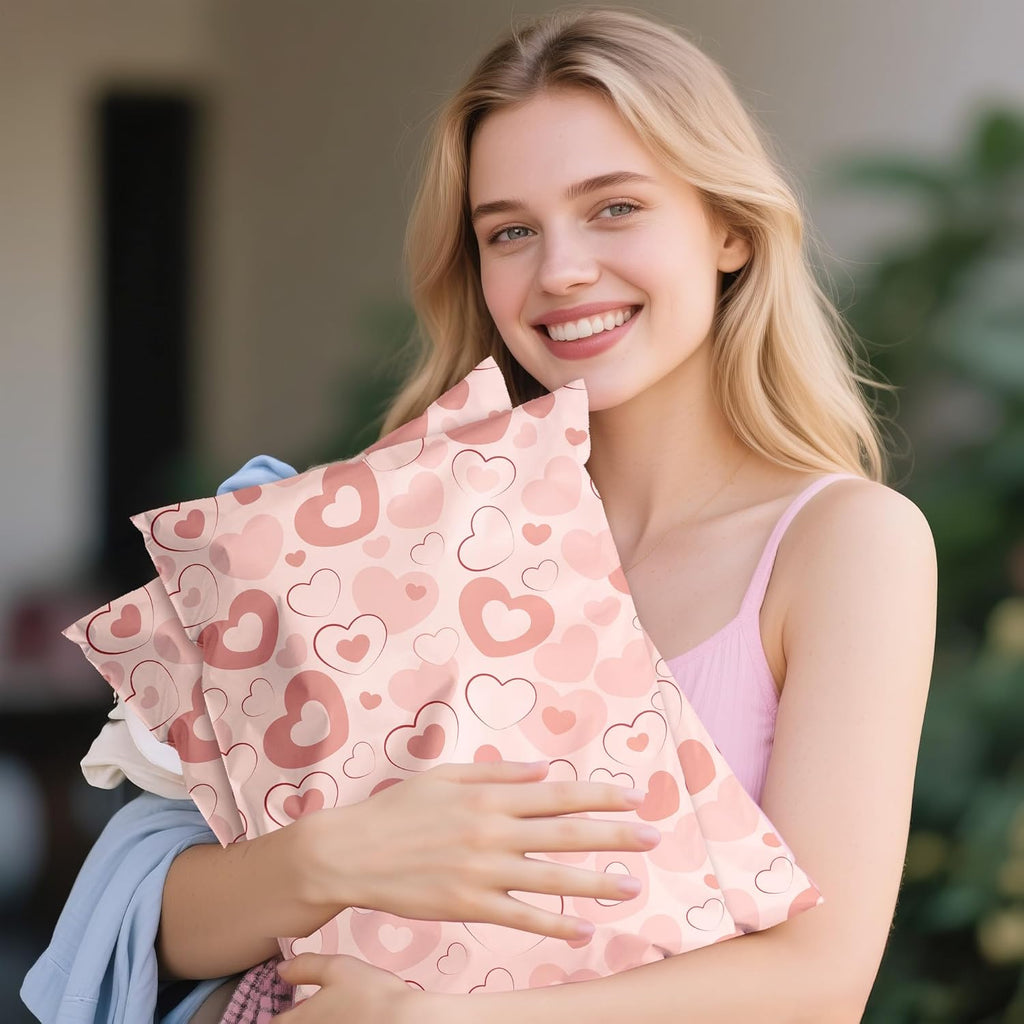 Pink Heart Poly Mailer 10x13 Inch 100 Pcs, Waterproof Shipping Bags for Clothing, Tear-Resistant Mailier Bags, Strong Mailing Bags with Self-Seal
