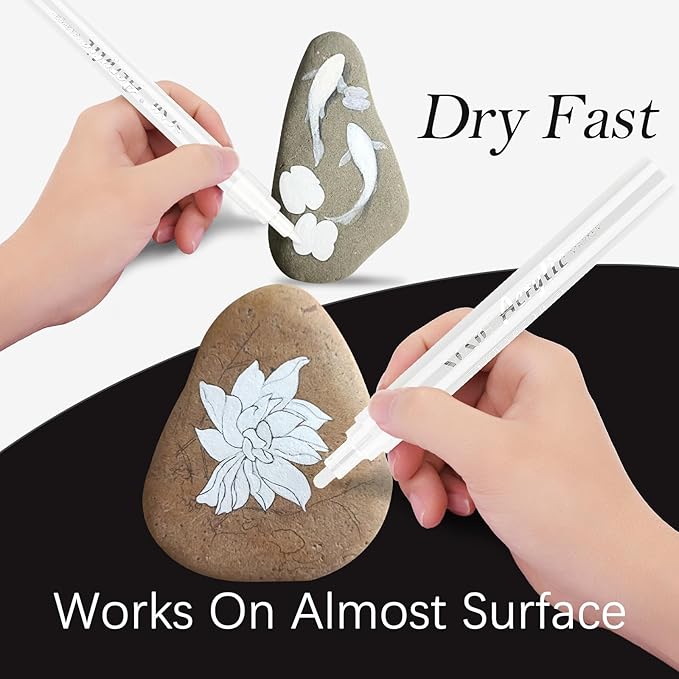 SFAIH Acrylic White Paint Pens - 8 Pack 2-3MM Medium Tip & 0.7MM Extra Fine Paint Marker for Rock Painting, Wood, Metal, Fabric, Plastic, Canvas, Glass, Ceramic, Diy Crafts, White Out Pen