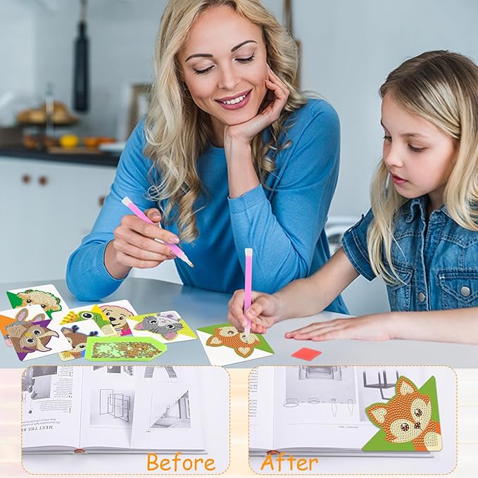 Anseal 8 Pcs Animals Diamond Art Painting Bookmark, Rhinestone Crystal Corner Bookmarks for Book Lovers, Triangle Embroidery Painting Arts Crafts Book Mark for Kids