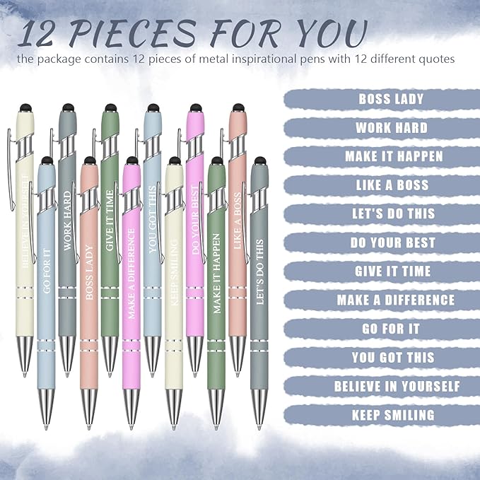 Zonon 12 Pieces Inspirational Pens Bulk Easter Basket Stuffers Motivational Quotes Ballpoint Pens with Stylus Tip Inspirational Gifts for School Office Teachers(Morandi,Boss Lady)