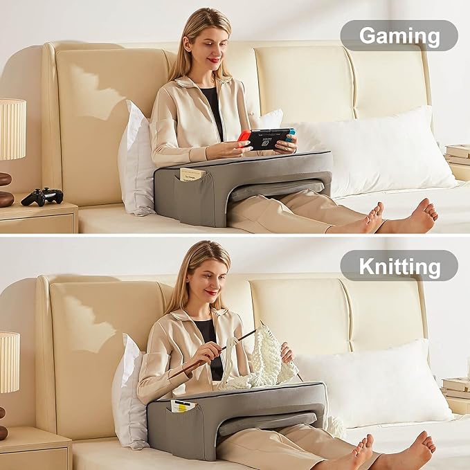 Lap Desk Pillow for Bed, Soft Arm Rest Pillow, Reading Lap Pillow, Memory Foam Reading Pillow, Laptop Lap Desk for arms for Reading, Working in Bed Couch(Grey)