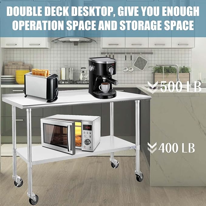 HALLY Stainless Steel Table for Prep & Work 24 x 60 Inches with Caster Wheels, NSF Commercial Heavy Duty Table with Undershelf and Backsplash for Restaurant, Home and Hotel