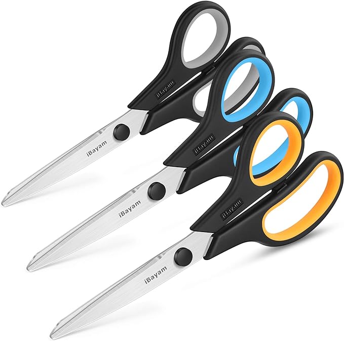 Scissors All Purpose, iBayam 8" Heavy Duty Scissors Bulk 3-Pack, 2.5mm Thickness Ultra Sharp Blade Shears with Comfort-Grip Handles for Office Home School Sewing Fabric Craft Supplies, Right/Left Hand