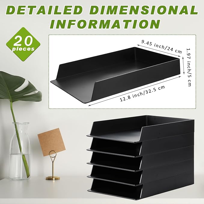 Wenqik 20 Pcs Stackable Paper Trays Rectangular Plastic Desk Tray Holder Desktop Document File Paper Organizer Plastic Storage Letter Tray for Office Classroom, Black
