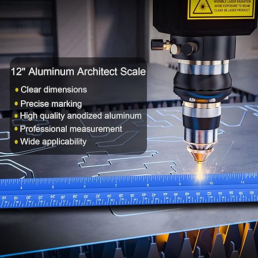 Architectural Scale Ruler, 12'' Imperial Architect Scale, Engineer Scale Ruler for Blueprints, Aluminum Triangle Drafting Ruler (Blue)