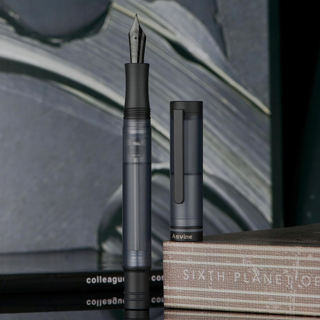 Asvine V200 Titanium Fountain Pen Vacuum Filling, Matte Black Bock Extra Fine Nib Clear Demonstrator Acrylic with Pen Case and Wrench