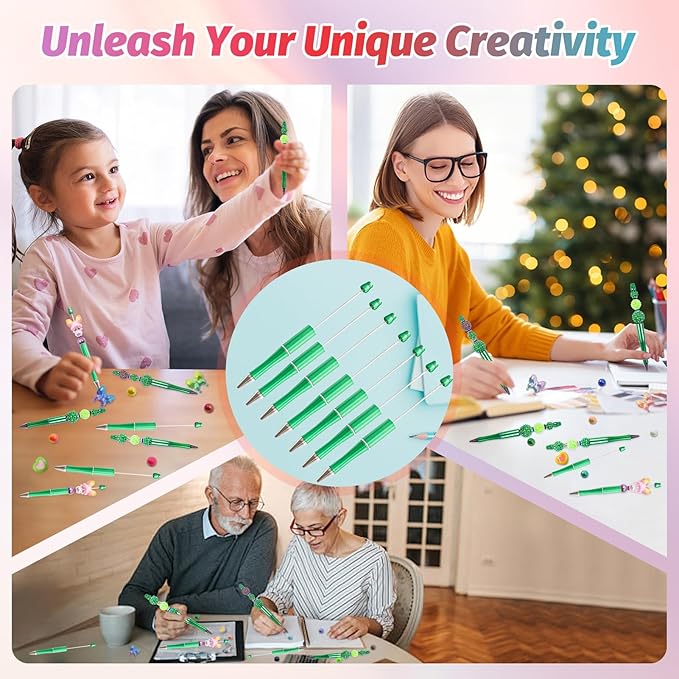 15 Pieces Beadable Pens - Beaded Pens Plastic Diy Black Ink Ballpoint Pens Bulk - Bead Pens Suitable For Teacher, Students, Office, School, Graduation Gift Supplies（Green）