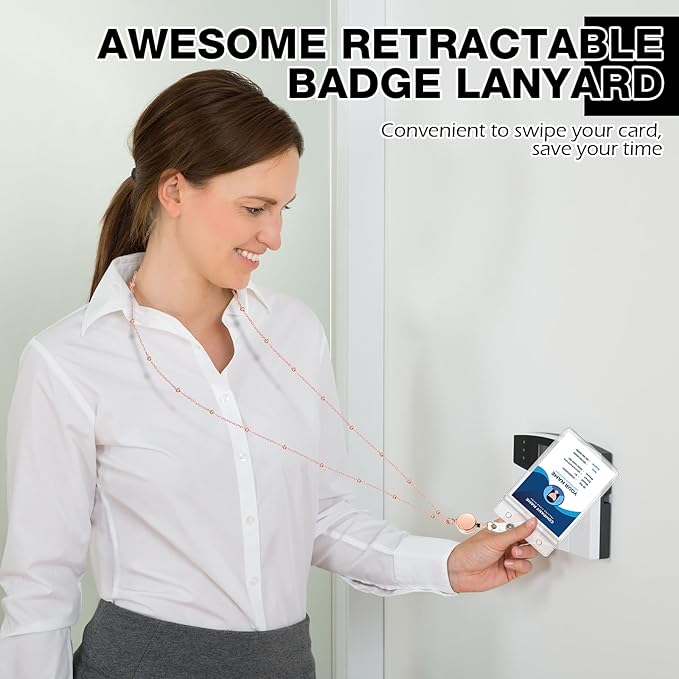 Outus 2 Pieces Badge Lanyard with ID Holders Stainless Steel Badge Holders Necklace Retractable Reel Clip Chain Water Resistant Name(Rose Gold)