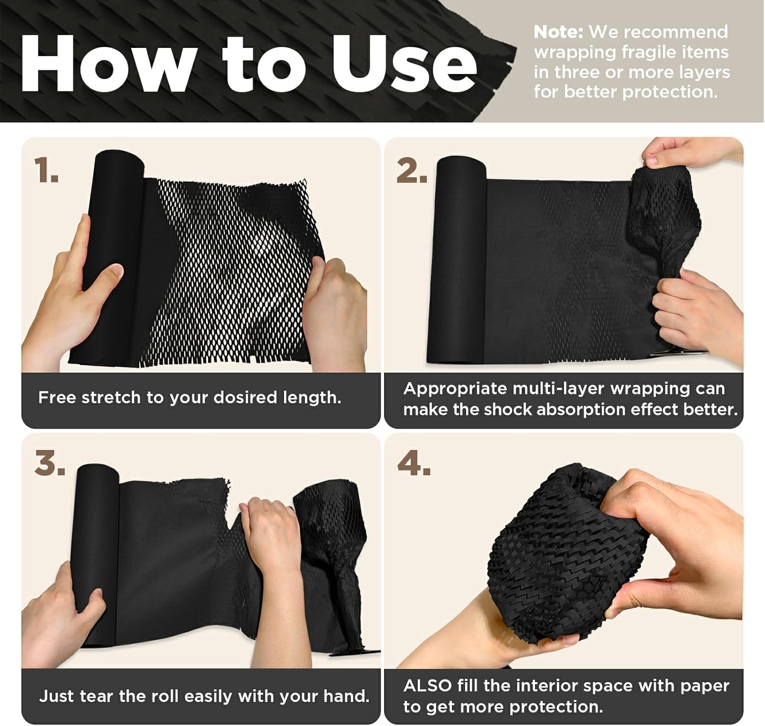 Honeycomb Packing Paper, 12"x200' Black | Perforated Honeycomb Packing Paper Recyclable Moving Supplies for Shipping & Moving | Plastic-Free Alternative to Bubble Cushion Wrap with 36 Fragile Stickers