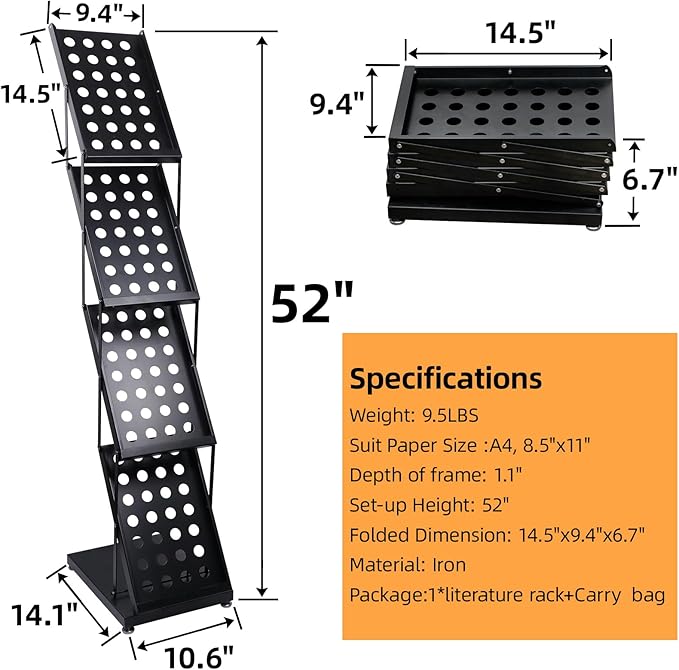 4 Pockets Folding Magazine Rack，Floor Metal Black Literature Rack with Case Brochure Stand Literature Stand Catalog Holder Stand Flyer Display Stand for Trade Show Exhibition Office Retail