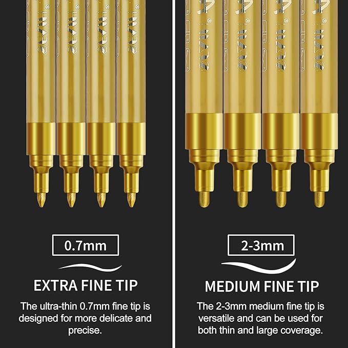SFAIH Acrylic Gold Paint Pens - 8 Pack 2-3MM Medium Tip & 0.7MM Extra Fine Gold Markers Permanent for Rock, Wood, Metal, Fabric, Plastic, Glass, Ceramic, Diy Crafts, Large Ink Capacity, High Coverage