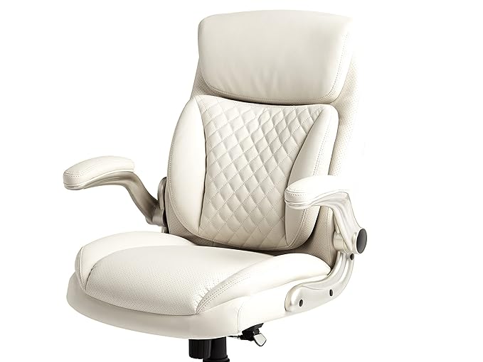 Amazon Basics Ergonomic Desk Office Chair, Flip-up Armrests, Adjustable Height, Cream Leather