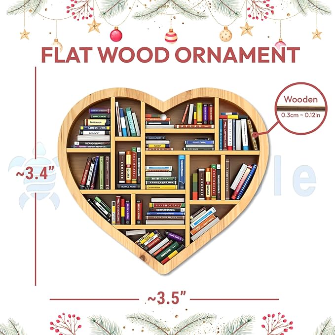 HYTURTLE 2D Flat Printed Book Gifts for Book Lovers - Book Christmas Wooden Ornament Tree Decoration - Book Lover Librarian Gifts - Book Gifts for Girls Women - Book 2-Sided Keepsake Wood Ornament