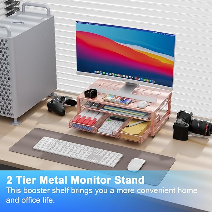 gianotter Computer Monitor Stand Riser, office organizer with Drawer, Office Organizers Storage for Classroom Office Supplies (Rose)