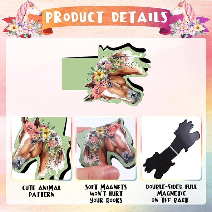 Horse Shaped Magnetic Bookmark - 6 Pcs Funny Animal Magnetic Bookmarks for Kids Horses Book Mark Magnets Page Marker Clip Gift for Book Lovers Students Teacher School Reading Book Marks