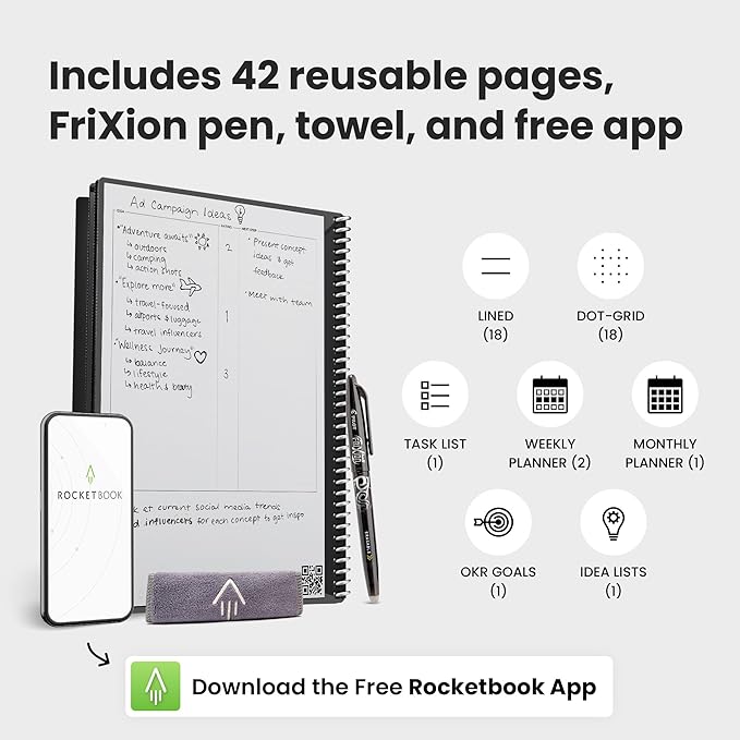 Rocketbook Fusion Reusable Undated Productivity Planner, Letter Size 8.5x11, Black - Goals, Monthly and Weekly Calendar, Daily To-do List, Lined and Dotted Notes Pages