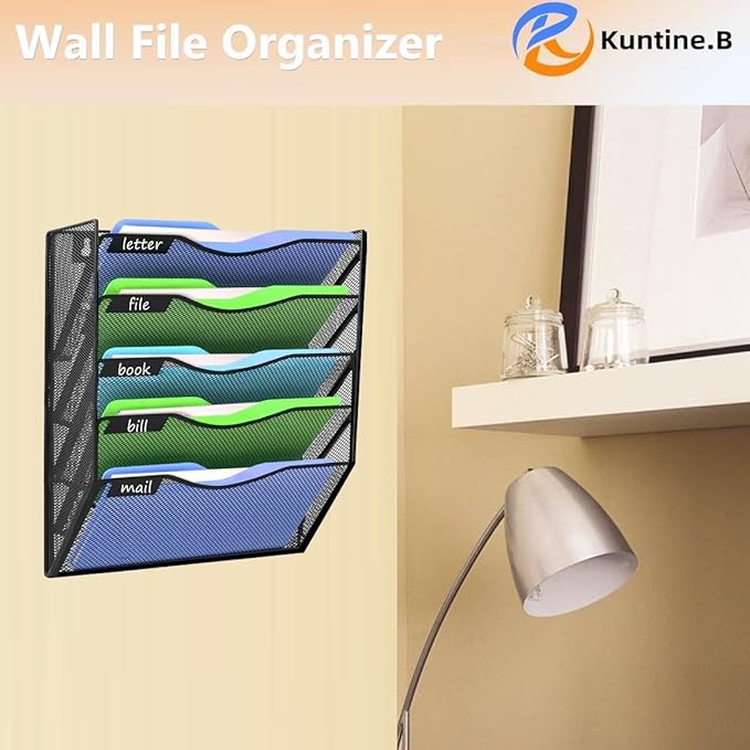 Kuntine.B 5 Pockets Wall File Holder Organizer Office Hanging Magazine Rack Wall File Organizer for Office Home, Black