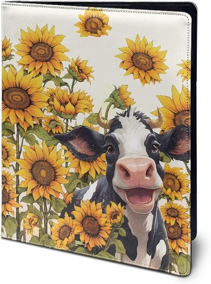Cow Sunflower Printed Portfolio Folder Leather Padfolio with A4 Size Clipboard Clip for Business Resume Interview Document Sleeve Binder Folder for Men/Women