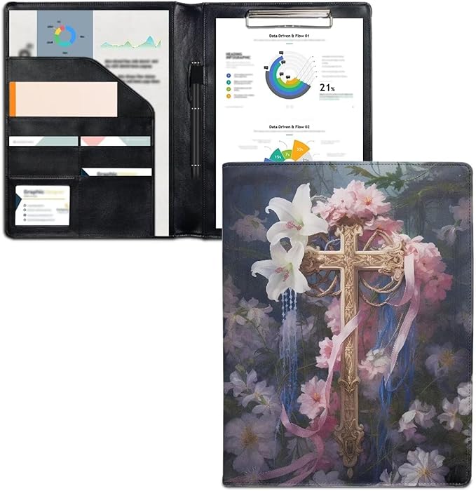 Cross Flower Print PU Leather Padfolio Clipboard Clip Business Resume Portfolio A4 Folder Interview Legal Document Organizer Business Card Holder Letter