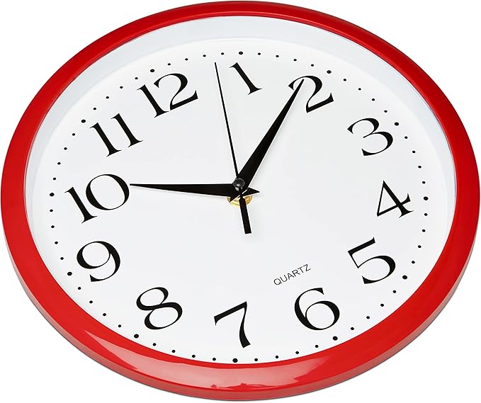 Bernhard Products Red Wall Clock Silent Non Ticking - 10 Inch Quality Quartz Battery Operated Round Easy to Read Home/Kitchen/Office/Classroom/School Clocks, Vintage Retro Red Frame Black Numbers