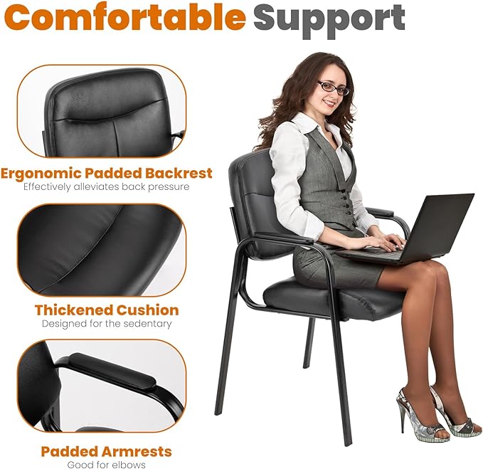 Sweetcrispy Office Guest Chair, Leather Stationary Waiting Room Chairs No Wheels with Padded Arms for Elderly Desk Conference Room Lobby Table Side Salon