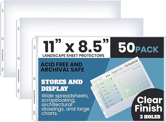 Performore 50 Sheet Protectors, Landscape Clear Page 8.5 X 11 Inch for 3 Ring Binder, Plastic Sheet Sleeves, Top Loading with 3 Hole-Punched Archival Safe, Non-Stick and Long-Lasting