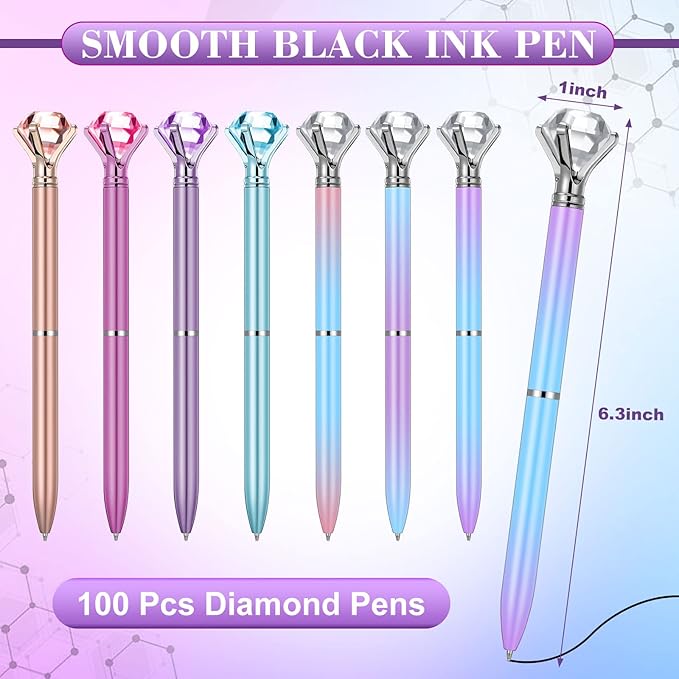 Sherr 100 Pack Big Crystal Diamond Pens Cute Ballpoint Pens Retractable Ballpoint Rhinestones Crystal Bling Gem Plated Black Gel Ink Office Supplies Gifts for Women(Fresh,Simple)