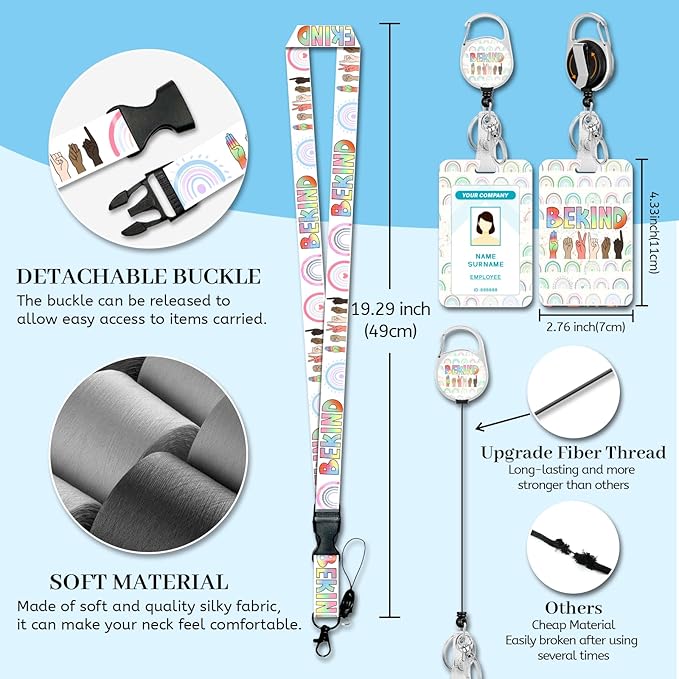 Lanyards for Id Badges, Be Kind Badge Holder with Retractable Reel Clip, Rainbow Work Name Tag Keychain Lanyard ID Card Protector Cover Case for Women Teacher Nurse Nursing Doctor Office