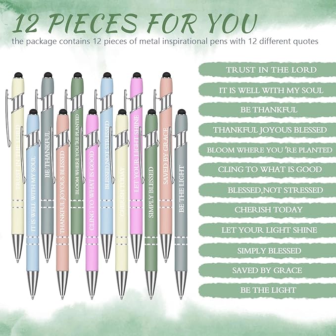 Zonon 12 Pieces Inspirational Pens Bulk Easter Basket Stuffers Motivational Quotes Ballpoint Pens with Stylus Tip Inspirational Gifts for School Office Teachers(Morandi,Bible Style)