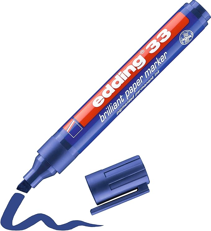 edding 33 brilliant paper marker - blue - 1 waterproof permanent marker - chisel nib 1-5 mm - vibrant colours - lightfast marking on paper, card, cardboard, plastic, metal and glass