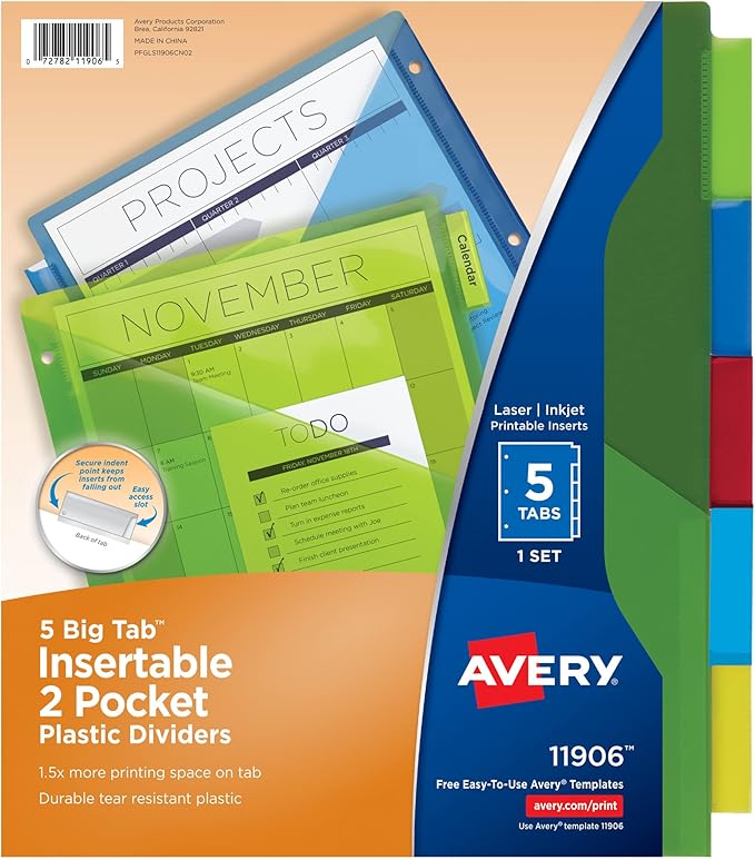 Avery Dividers for 3 Ring Binders, 5-Tab Sets, Two-Pocket Plastic Binder Dividers with Tabs, Multicolor, 24 Sets (11906)