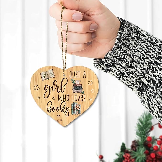 HYTURTLE 2D Flat Printed Book Gifts for Book Lovers - Book Christmas Wooden Ornament Tree Decoration - Book Lover Librarian Gifts - Book Gifts for Girls Women - Book 2-Sided Keepsake Wood Ornament
