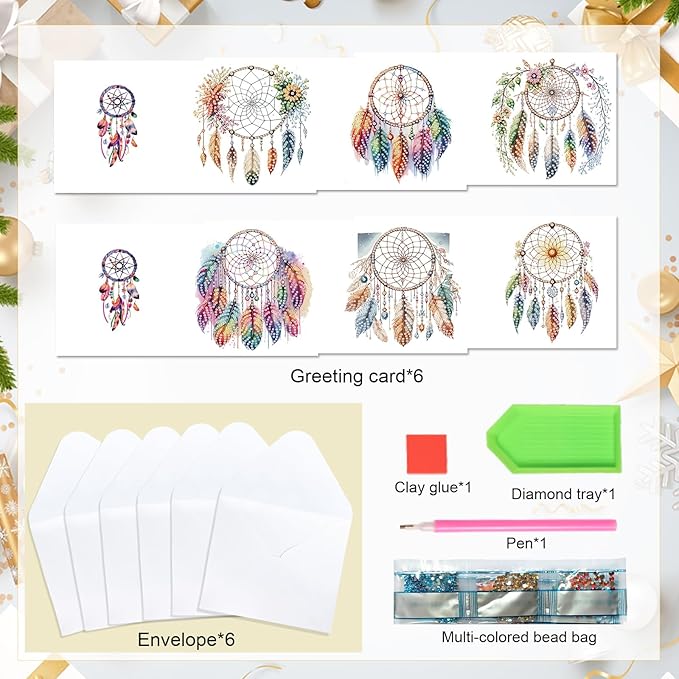Tontut 6pcs Diamond Art Painting Kit Greeting Card, Feather Dreamcatcher 5D DIY Diamond Handmade Holiday Glitter Greeting Card with Envelope, Holiday Gift Congratulation