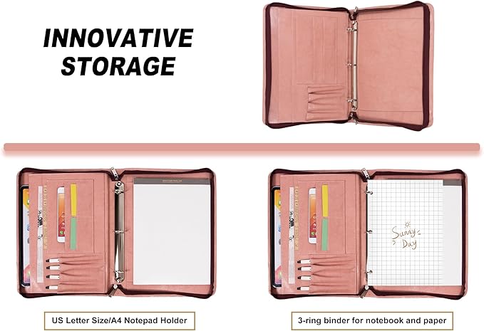 AZXCG Portfolio for Women, 3 Ring Binder Padfolio, Vegan Leather Office Binders Portfolio, Zippered Business Binder Folio Organizer, A4 Legal Pads Clipboard Padfolio, Gift for Women/Girls, Pink