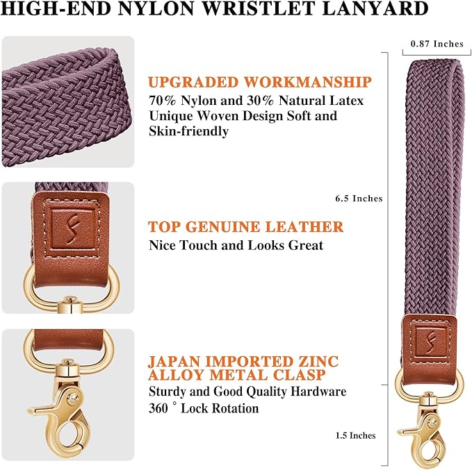 Fishent Stretchy Wristlet Keychain,Braided Cute Wrist Lanyards for Keys, Key Chain Holder for Women Men, Wrist Strap Keychain for Car Keys Phone Camera Wallet ID Badges Card（Smoky Violet）