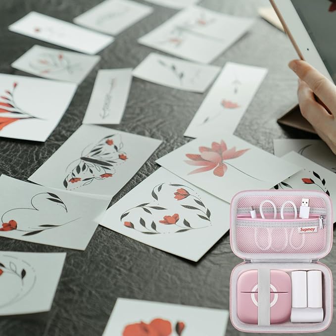 Hard Travel Case for Cabaro Mini Printer Sticker Thermal Printer, Bluetooth Portable Phone Printer Storage Holder Protection Case with Zipper Mesh Pocket fit Rolls Paper, Charging Cable, Pink