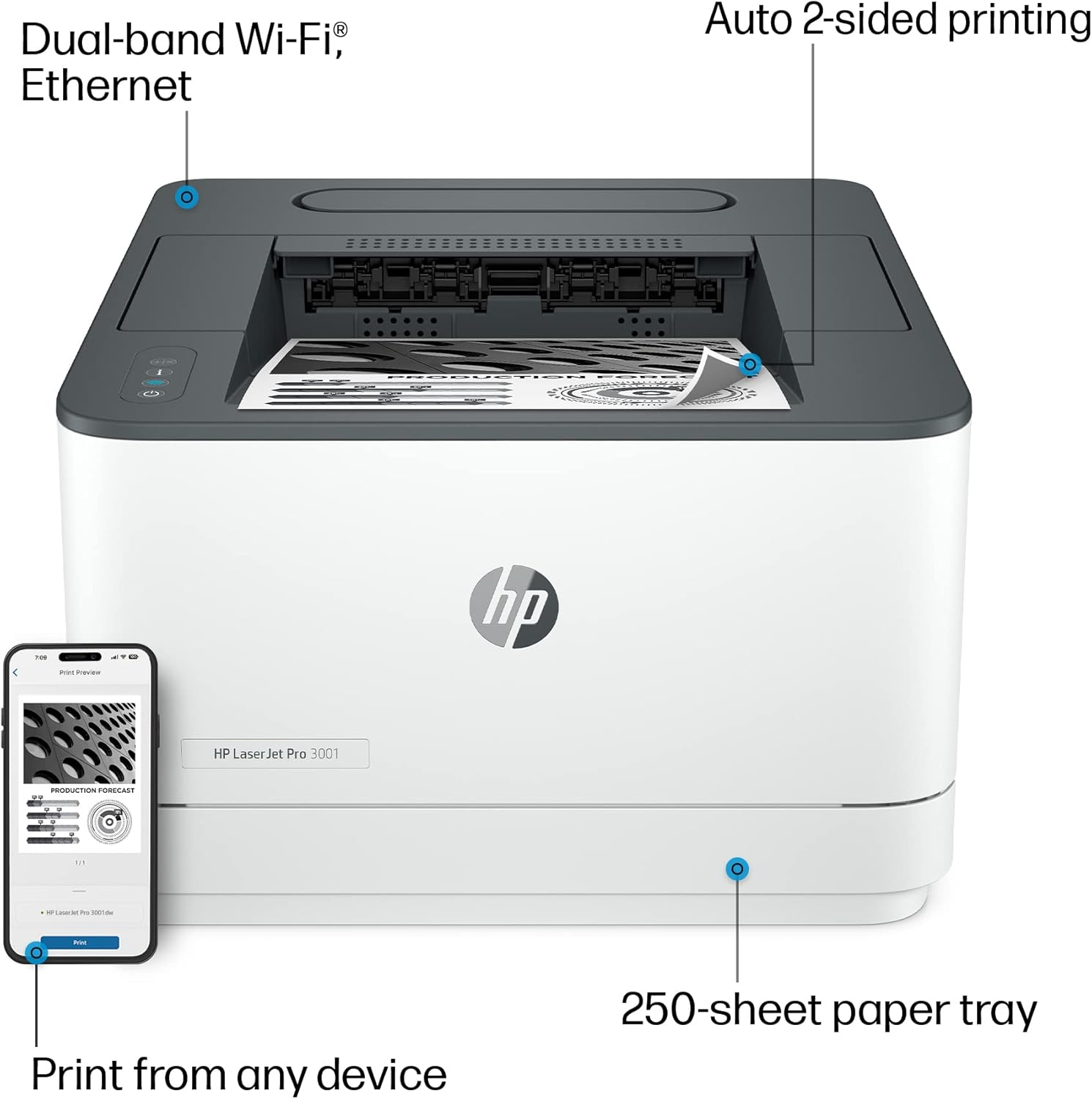 HP LaserJet Pro 3001dw Wireless Black & White Printer, Best-for-Office (3G65OF)