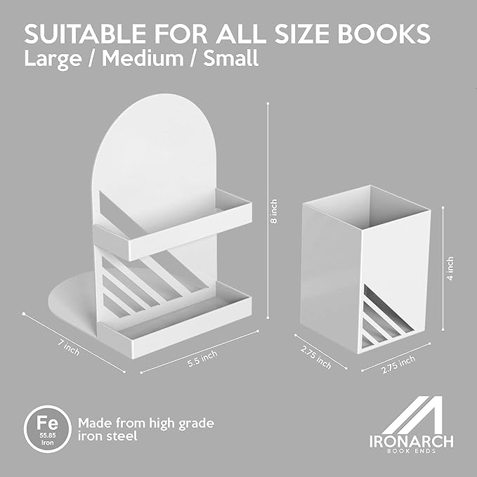 Iron Arch Modern and Decorative Bookends for Heavy Books, 200% Stronger & Heavier Than The Average Bookends, Large Bookends with Matching Bonus Storage Cup (Snow White)