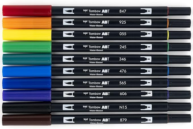 Tombow Dual Water Based Markers, Twin Tip, Primary Palette Assorted Inks, 10/Pack (56167)