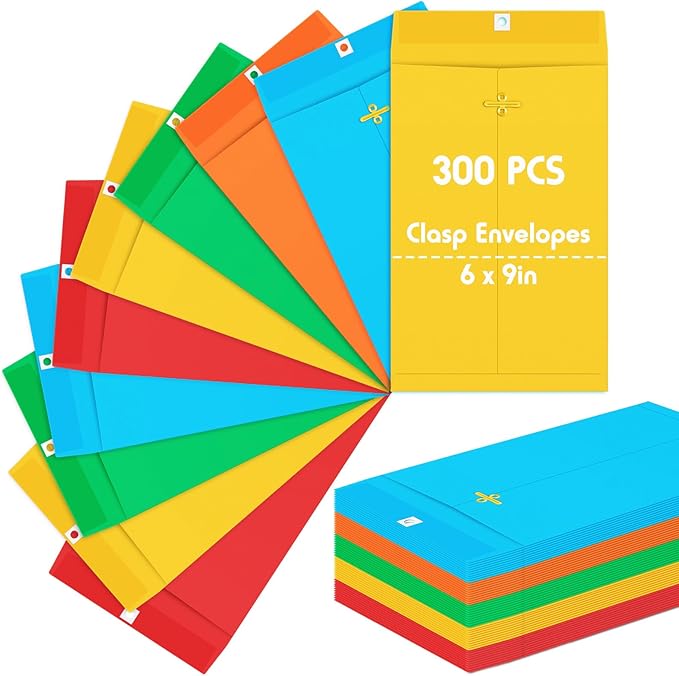 Geyee 300 Pcs 6 x 9 Inch Clasp Envelopes Manilla Envelopes Gummed Mailing Envelopes 28lb Kraft Clasp Closure for Storing or Mailing Colored Envelopes for Home Office Business(Rainbow Color)