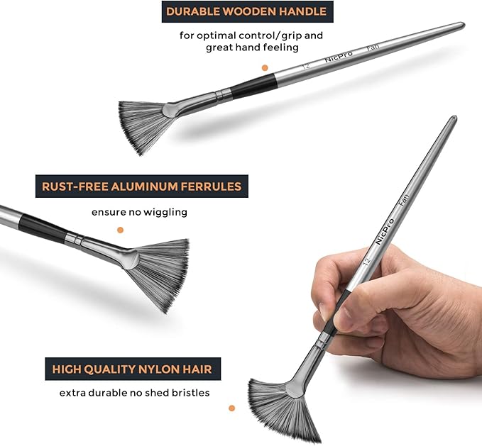 Nicpro Fan Paint Brushes 10 PCS Artist Painting Brush Set Soft Anti-Shedding Nylon Hair Wood Short Handle for Acrylic Watercolor Oil Painting