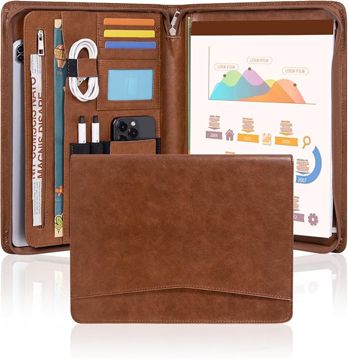 Calfinder Padfolio, portfolio folder, Padfolio for women and men, leather binder, portfolio organizer, Vegan leather folder, portfolio notebook, Resume Zippered Padfolio,Gift for Professionals, Brown