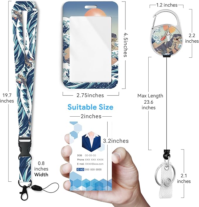 Funny Surfing Cat Badge Holder with Retractable Reel and Breakaway Lanyard，Badge Clips Retractable Heavy Duty Badge Reel，ID Holder with Breakaway Lanyard for School Nurse Office Teen