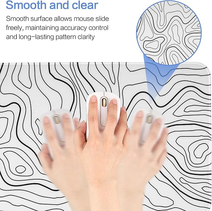 Gaming Mouse Pad Large 31.5 x 11.8in Topographic Keyboard Pad Mouse Pad for Non-Slip Base and Stitched Edge, Extended Desk Pad XL Keyboard Desk Mat (White)