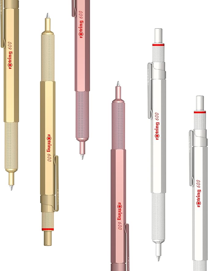 Rotring 600 Metallic Ballpoint Pen Medium Point Black Ink Pearl White Barrel Refillable 1 Count
