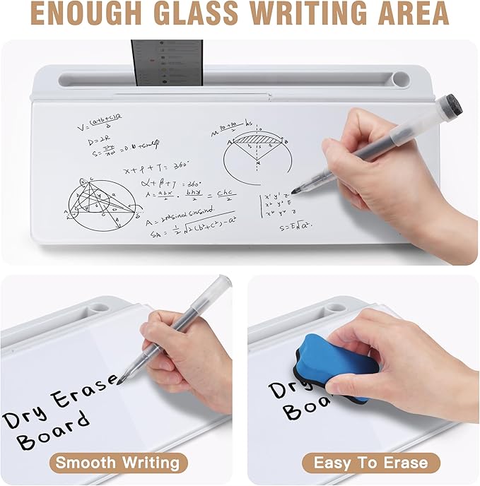 SELEAD Desktop Glass Whiteboard with Organizer & Built-in Mirror, Small Dry Erase White Board Computer Pad Keyboard Stand for Home, School, Office Desk Accessories - White