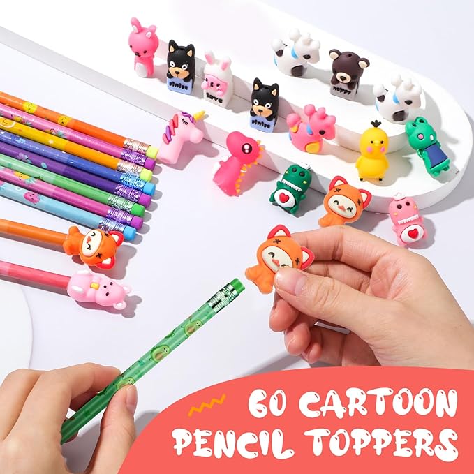 Ireer 60 Pcs Scented Pencils for Kids Animal Fruit Fun Smelly Pencils Bulk HB Graphite with 60 Pcs Cute Cartoon Toppers Gift for School Office Classroom Party Reward Supplies(Bright Style)