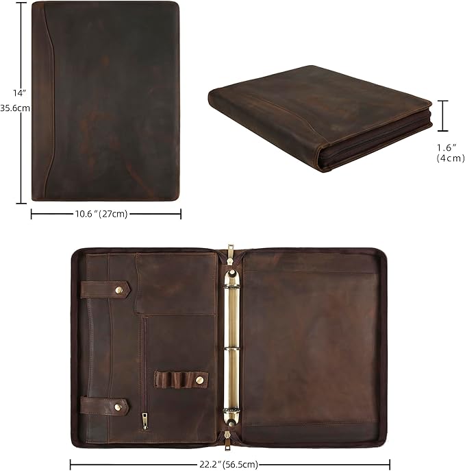Portfolio Binder 3 Ring, Leather Binder Portfolio Folder for Left-Handed, Zippered Portfolio Padfolio Binder for Women, Leather Portfolio Organizer for Men (Dark Khaki, Non-Custom)